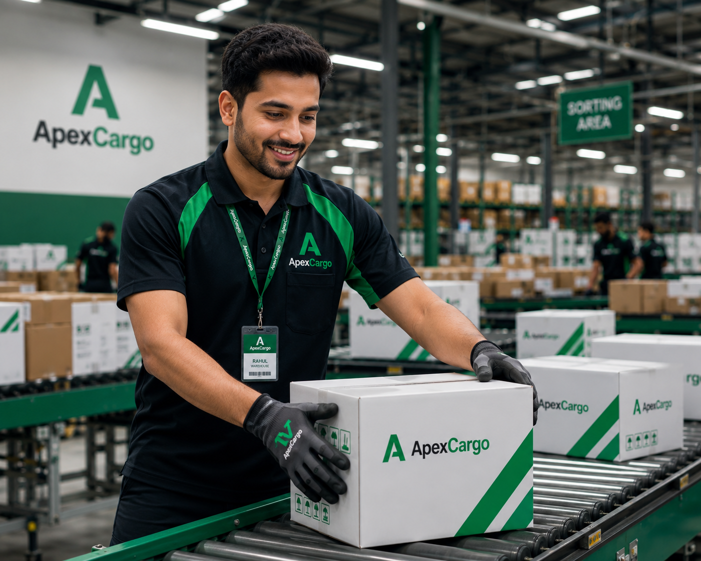 ApexCargo warehouse operations with parcels on a conveyor