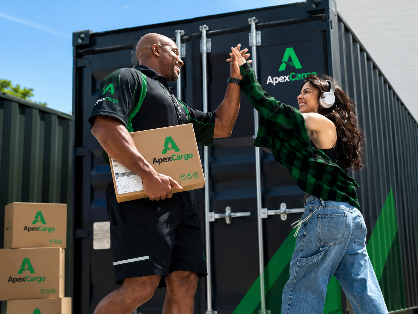 ApexCargo courier handing off a shipment to a happy customer