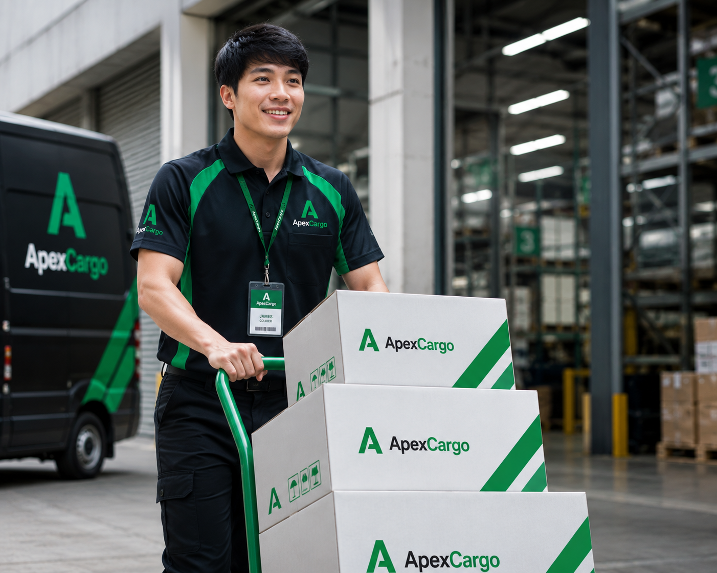 ApexCargo courier moving shipments on a dolly outside a warehouse