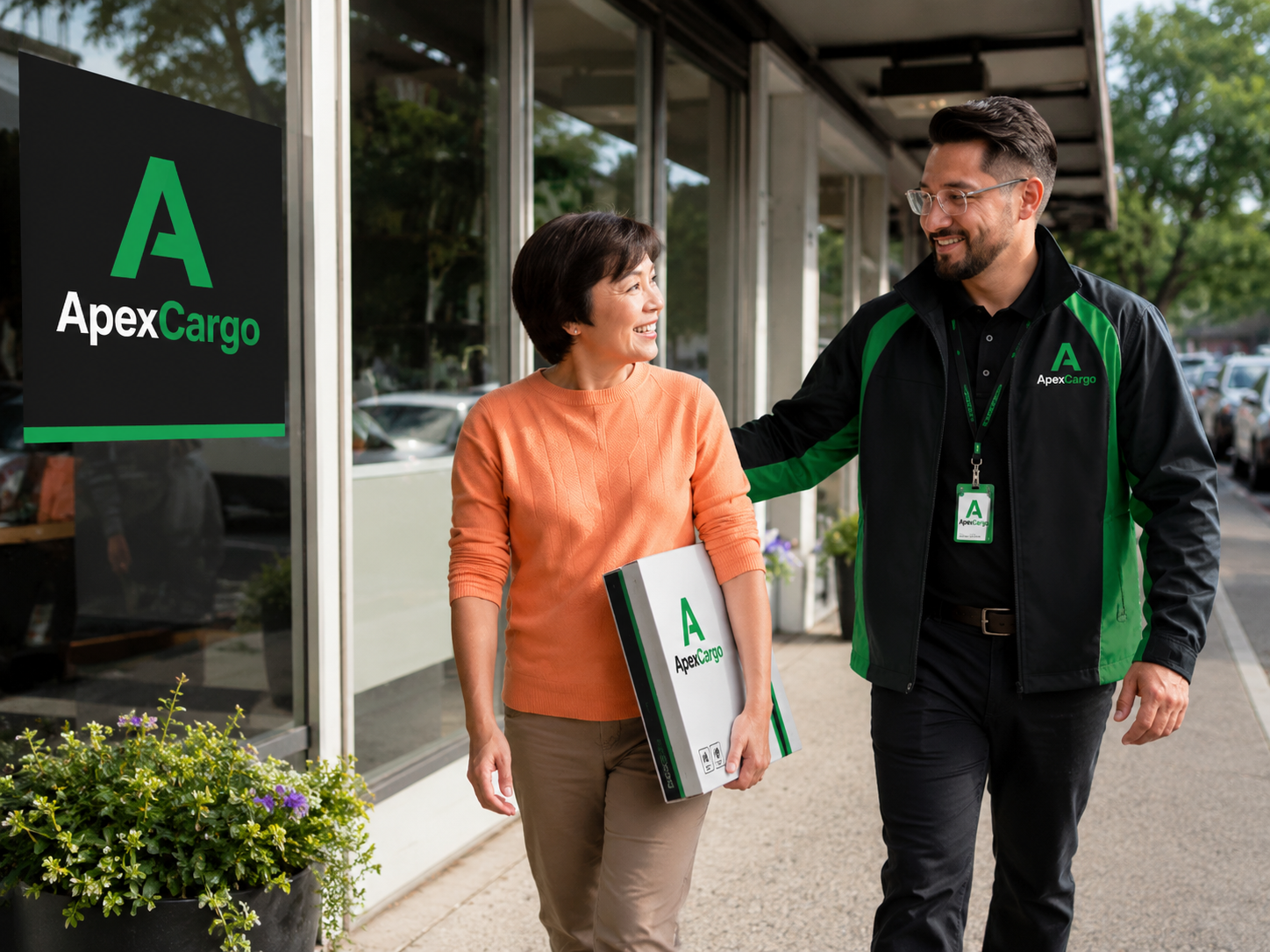 ApexCargo storefront and customer assistance scene
