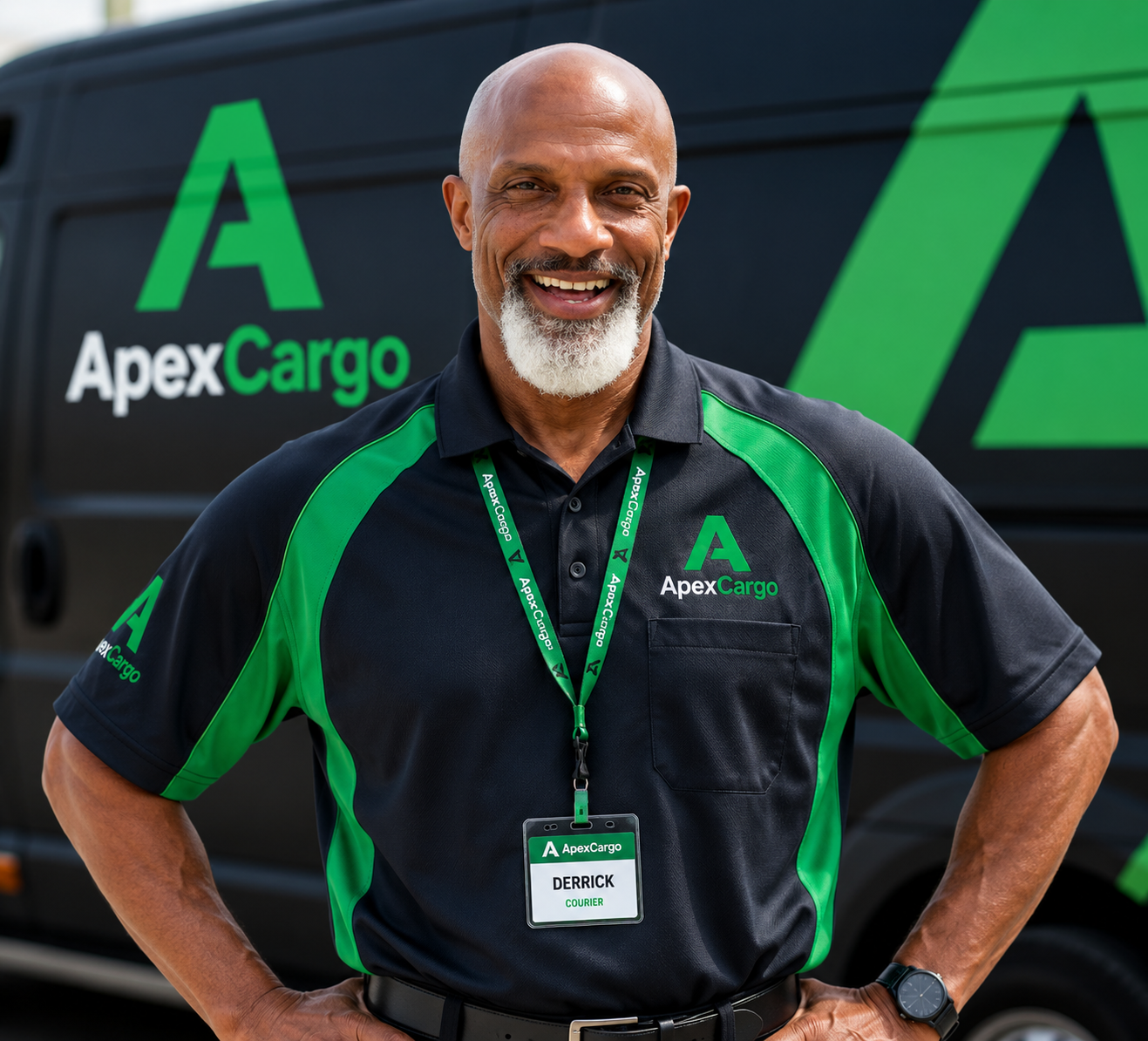 Portrait of an ApexCargo courier in uniform